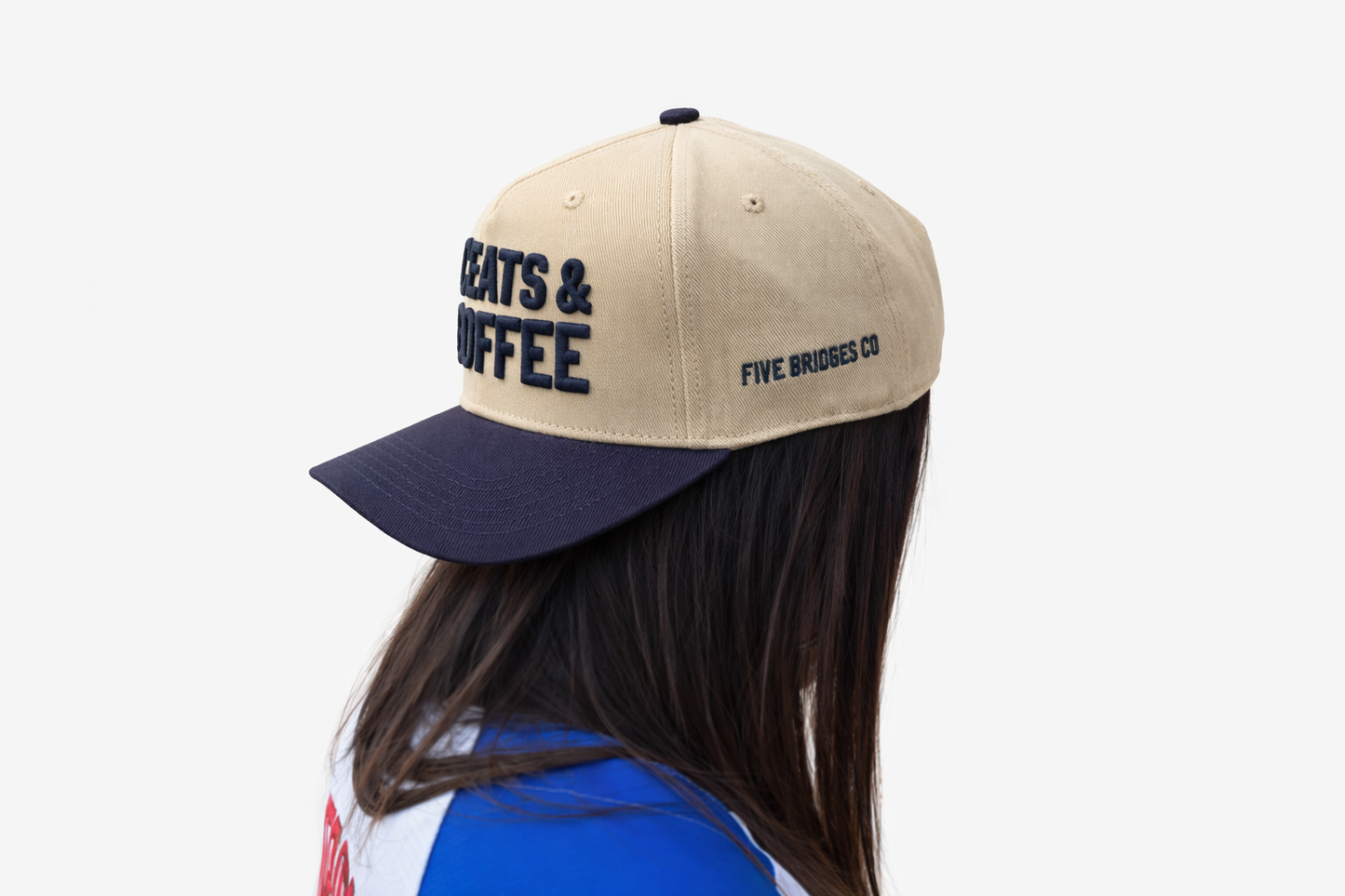 Cleats & Coffee Snapback – Khaki/Navy | Five Bridges Co.