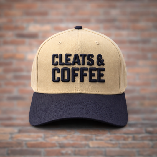 Cleats & Coffee Snapback – Khaki/Navy | Five Bridges Co.